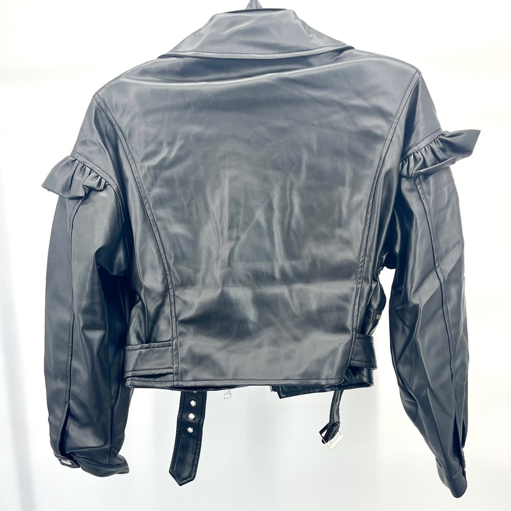 Women’s Chic Black Leather Jacket with Ruffle Sleeves Pockets Snap Buttons - Picture 4 of 9